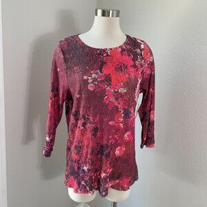 NEW COLDWATER CREEK Womens Plus 1X Crinkle Blossom Top Floral 3/4 Sleeve Shirt